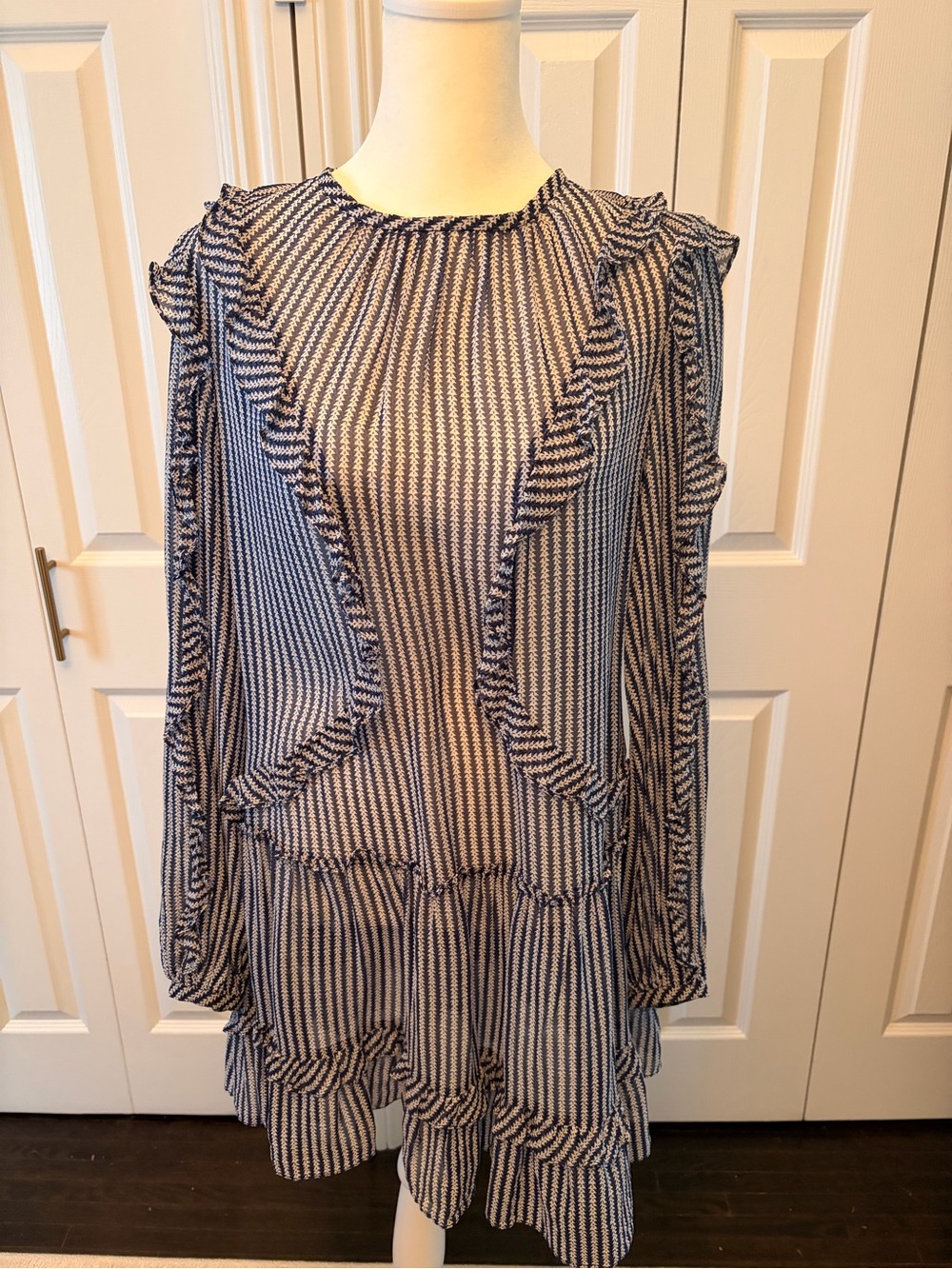 BCBG Maxazra Striped Ruffle Long-Sleeve Mini Dress - Navy/White